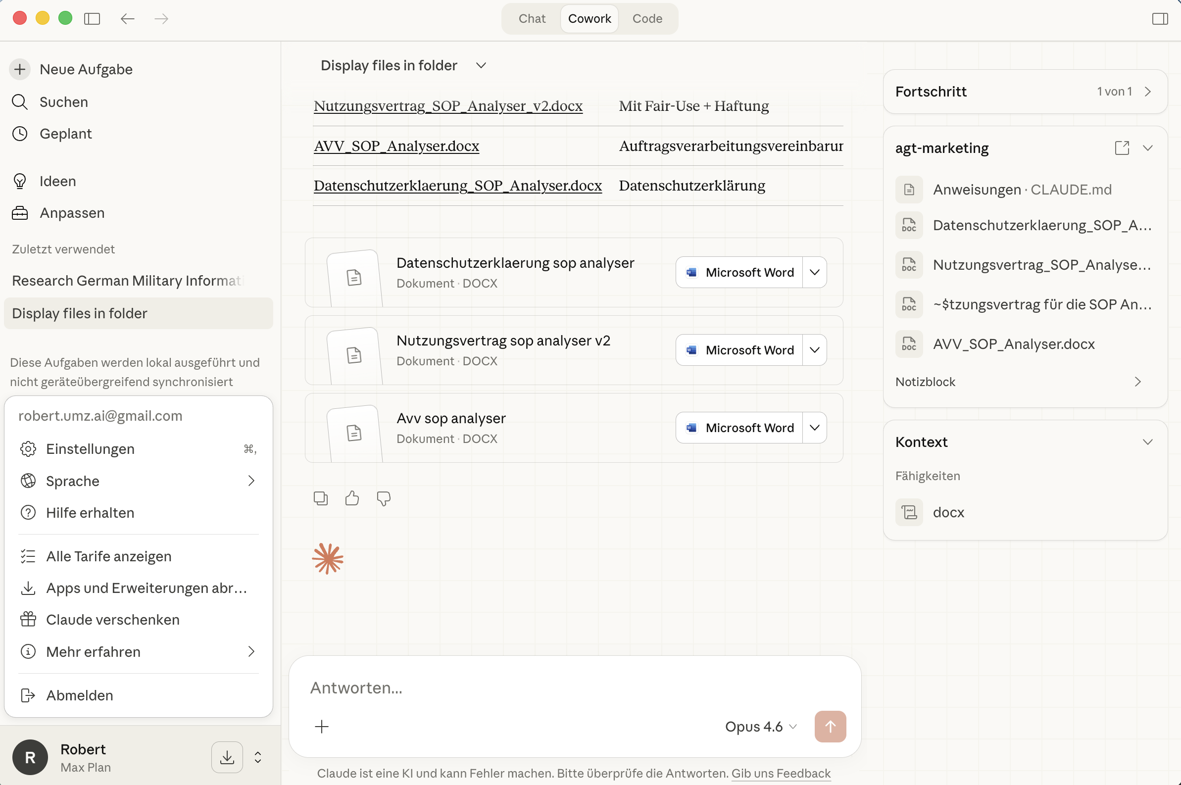 Benutzermenü mit Einstellungen und Tarif-Optionen
