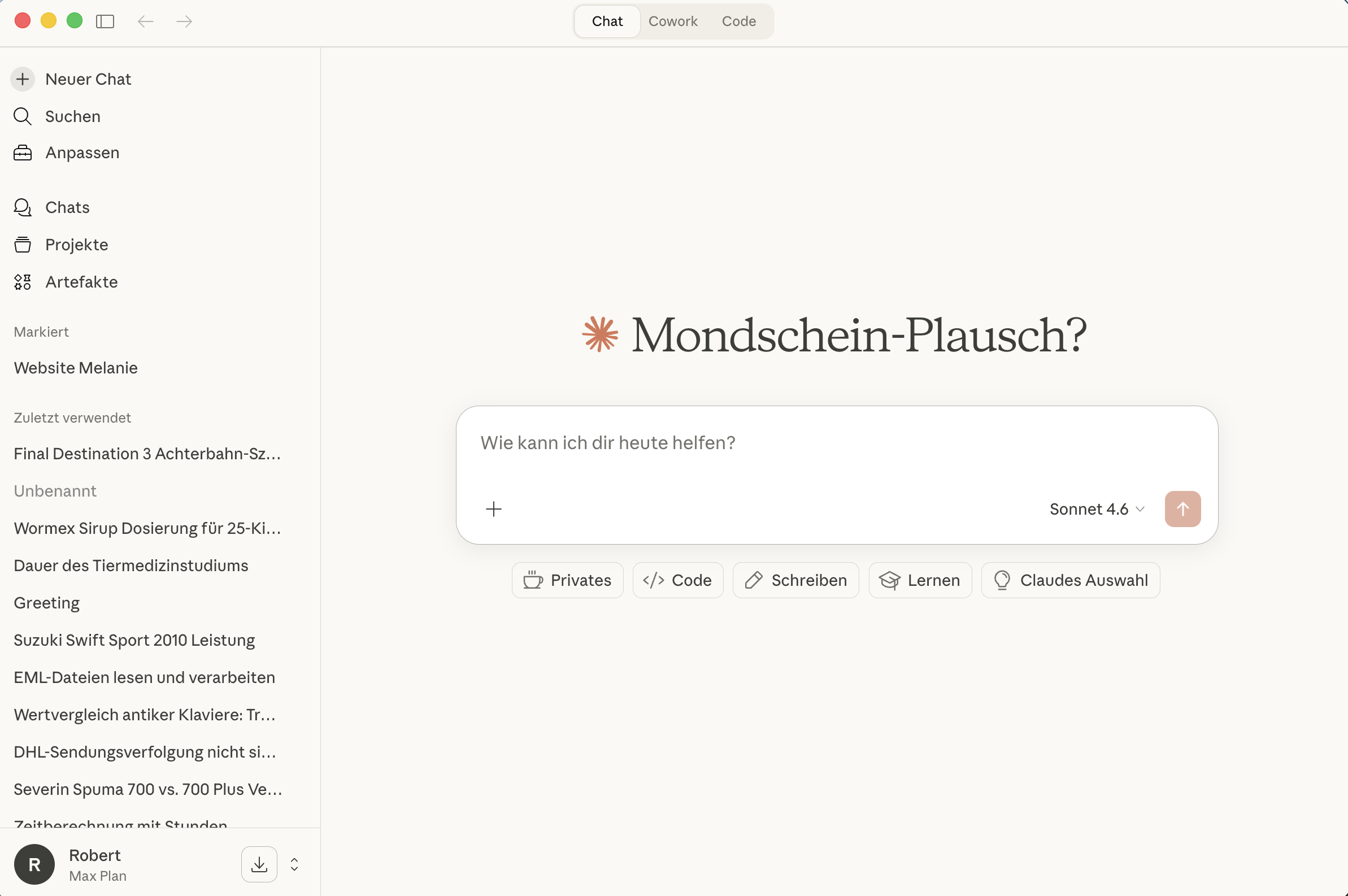 Claude Chat-Startseite mit Sidebar und Eingabefeld