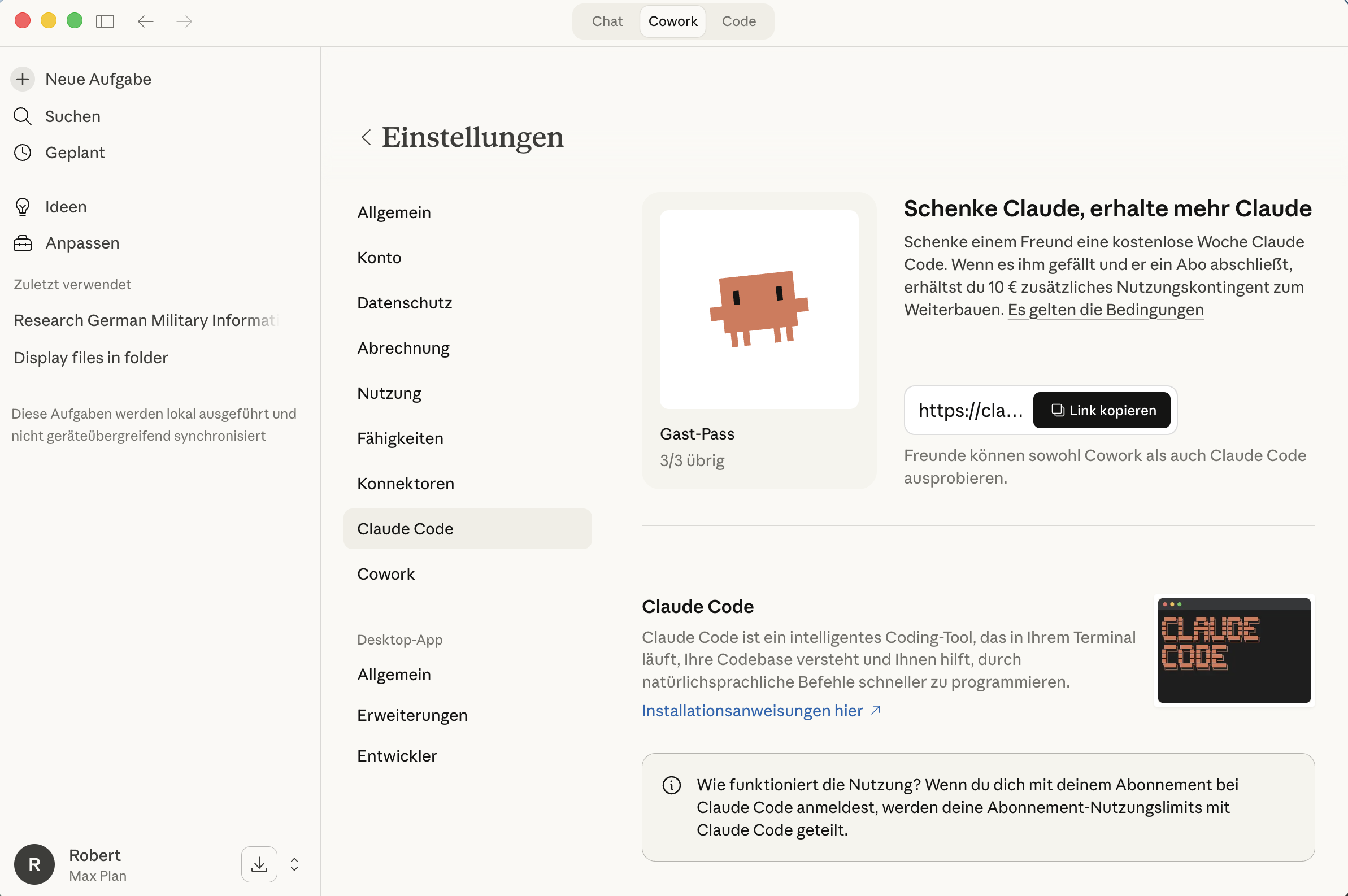 Claude Code in den Einstellungen