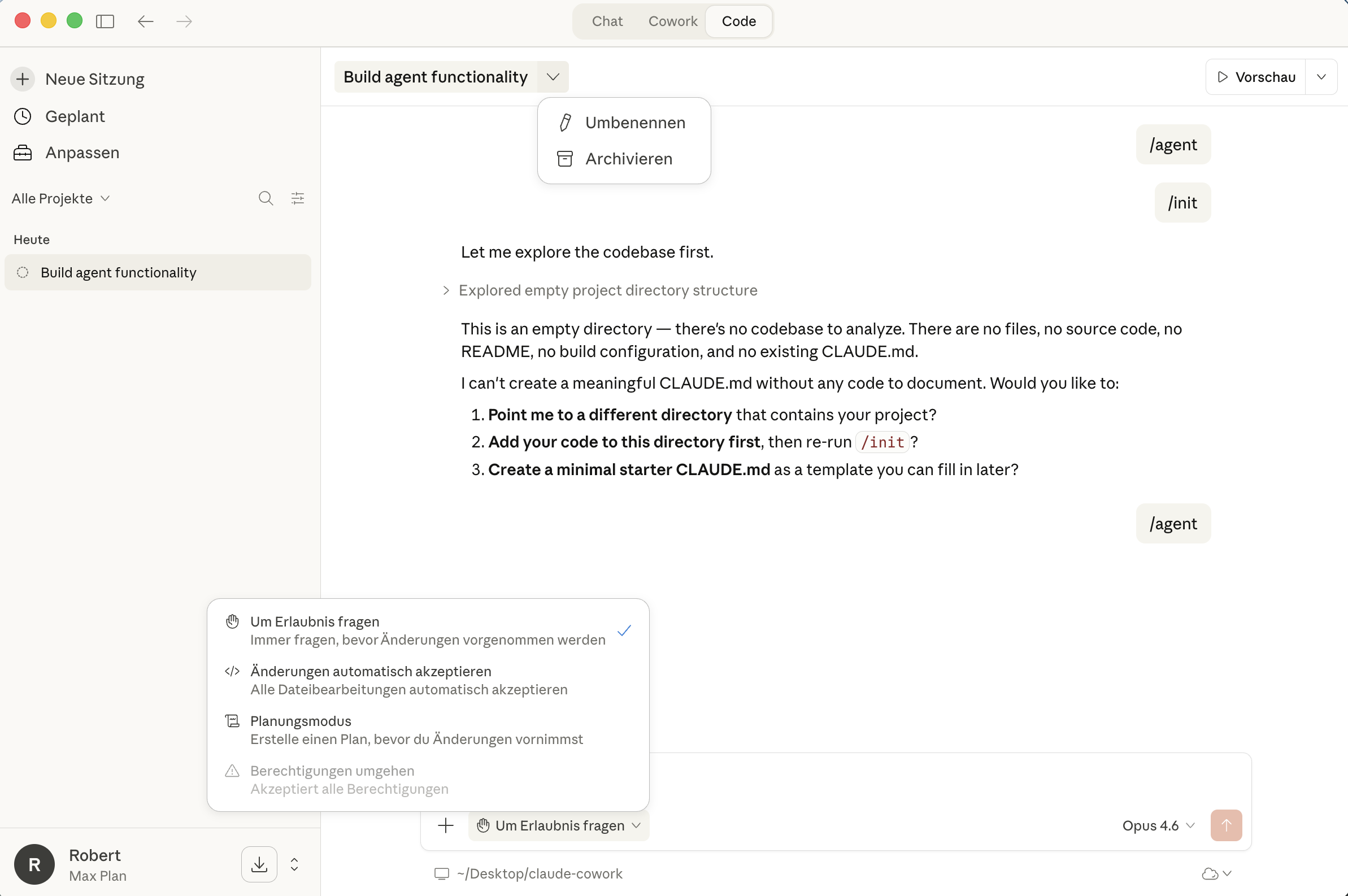 Berechtigungsmodi: Um Erlaubnis fragen, Automatisch akzeptieren, Planungsmodus
