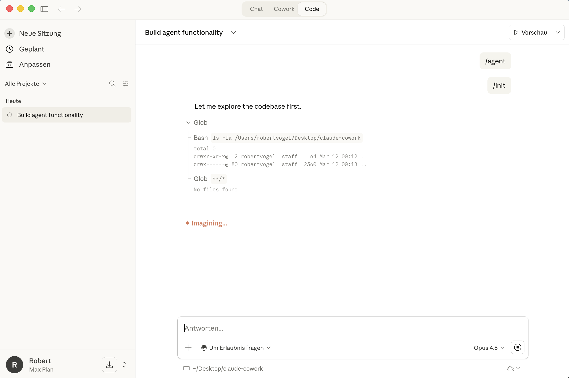 Code-Modus mit aktiver Sitzung und Tool-Ausführung