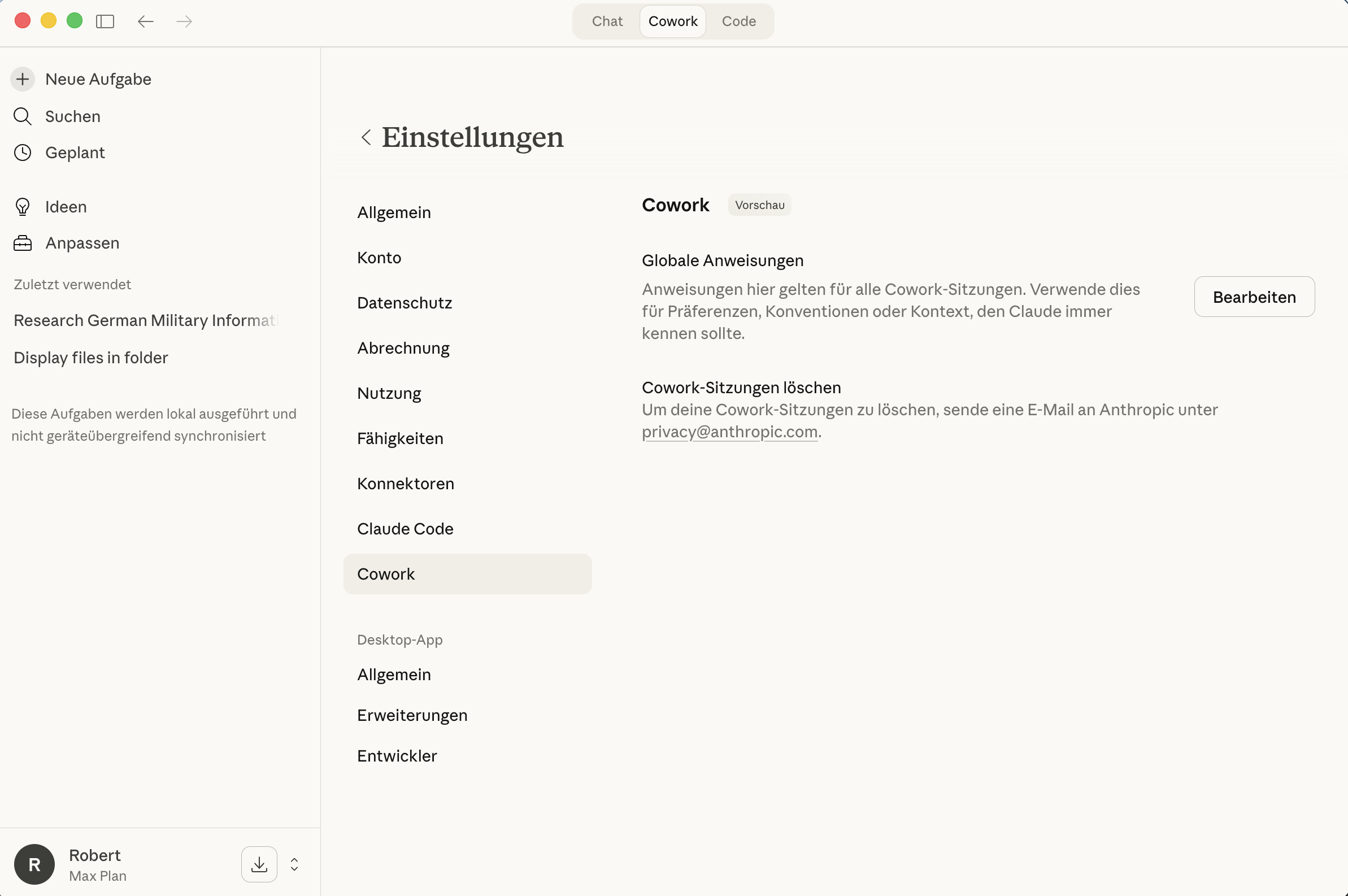 Globale Anweisungen für Cowork konfigurieren