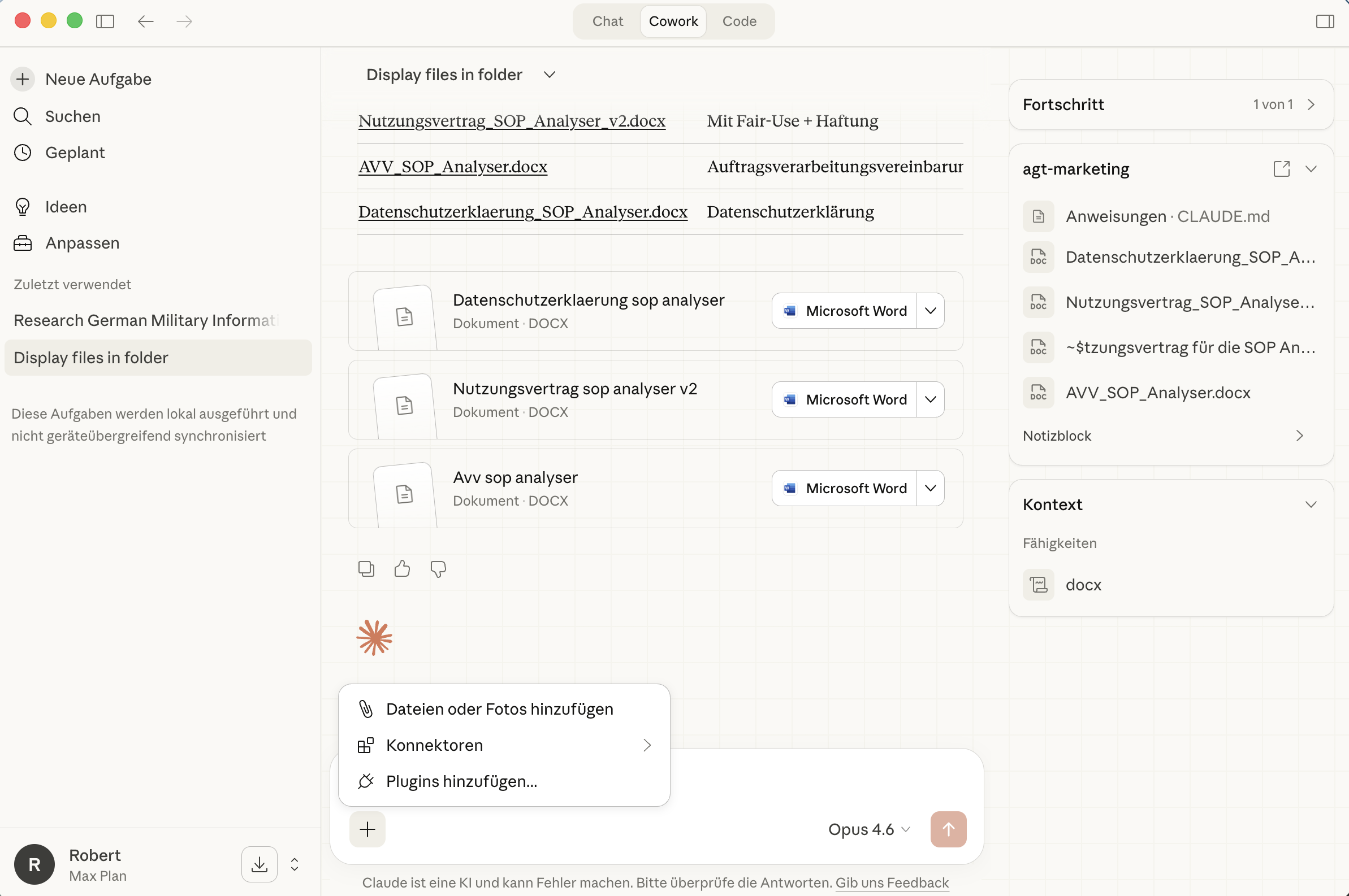 Dateien und Kontext zu einer Cowork-Sitzung hinzufügen