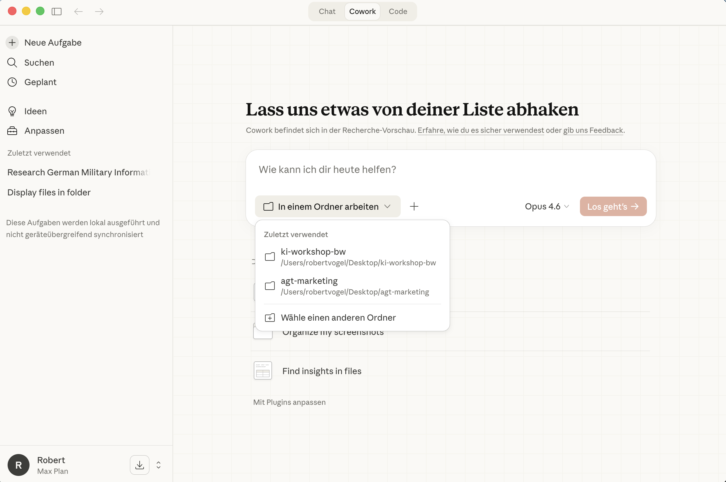 Ordnerauswahl in Cowork – kürzlich verwendete Projekte