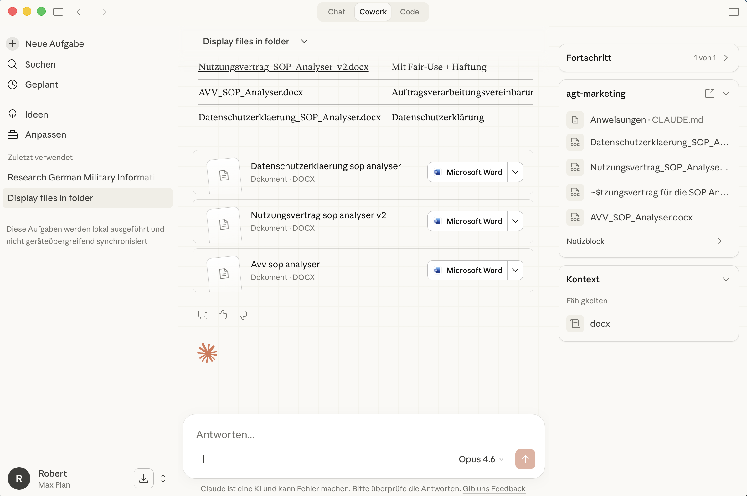 Aktive Cowork-Sitzung mit Dokumentenverarbeitung