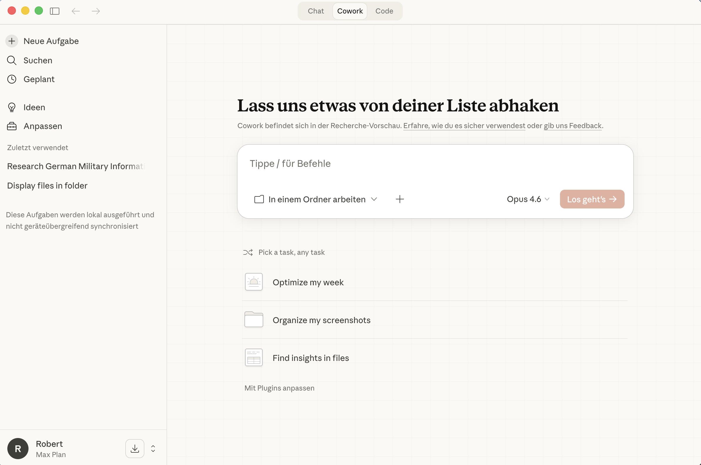 Cowork-Startseite mit Aufgabenfeld und Ordnerauswahl