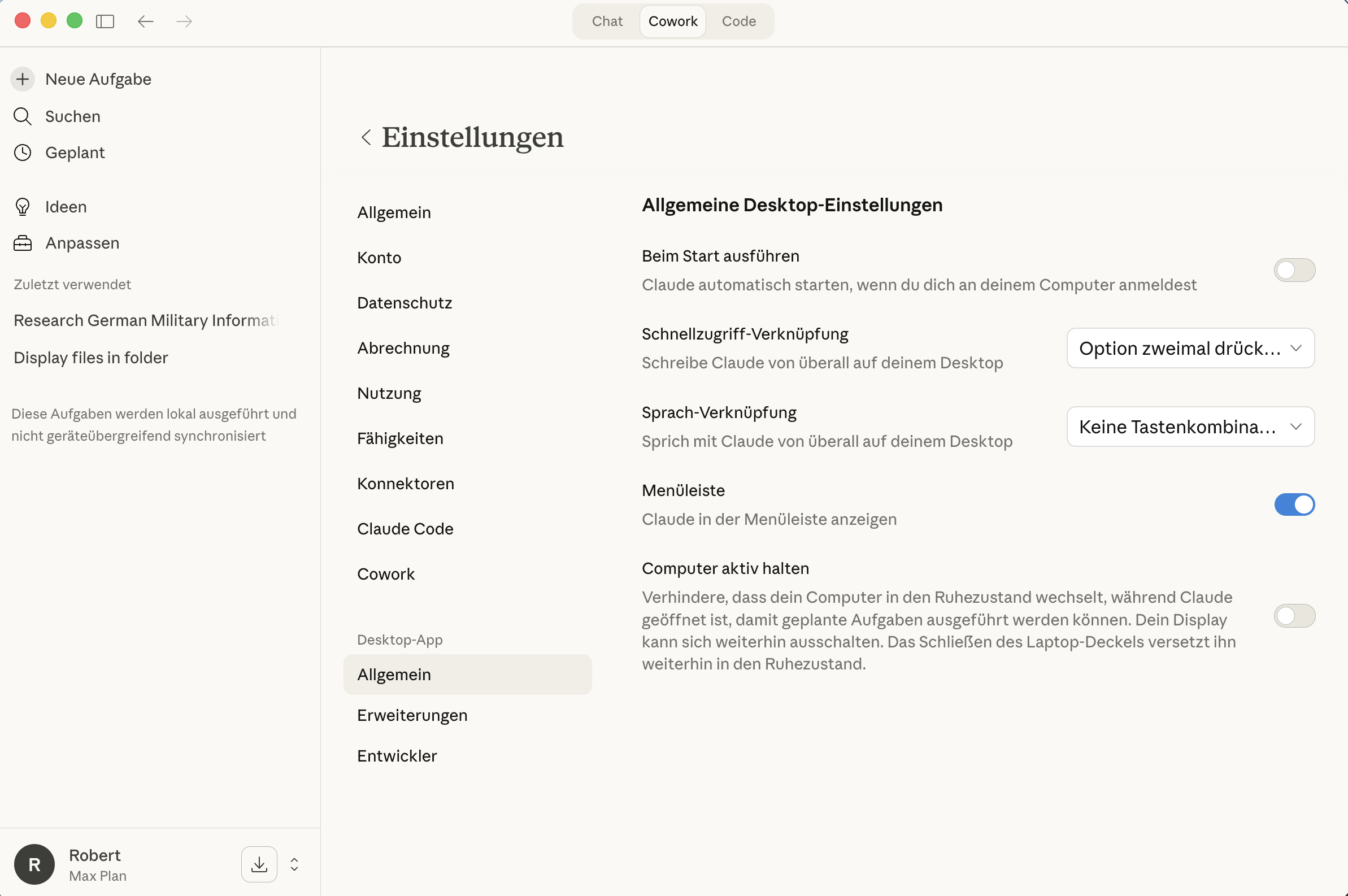 Desktop-Einstellungen mit Schnellzugriff und Menüleiste