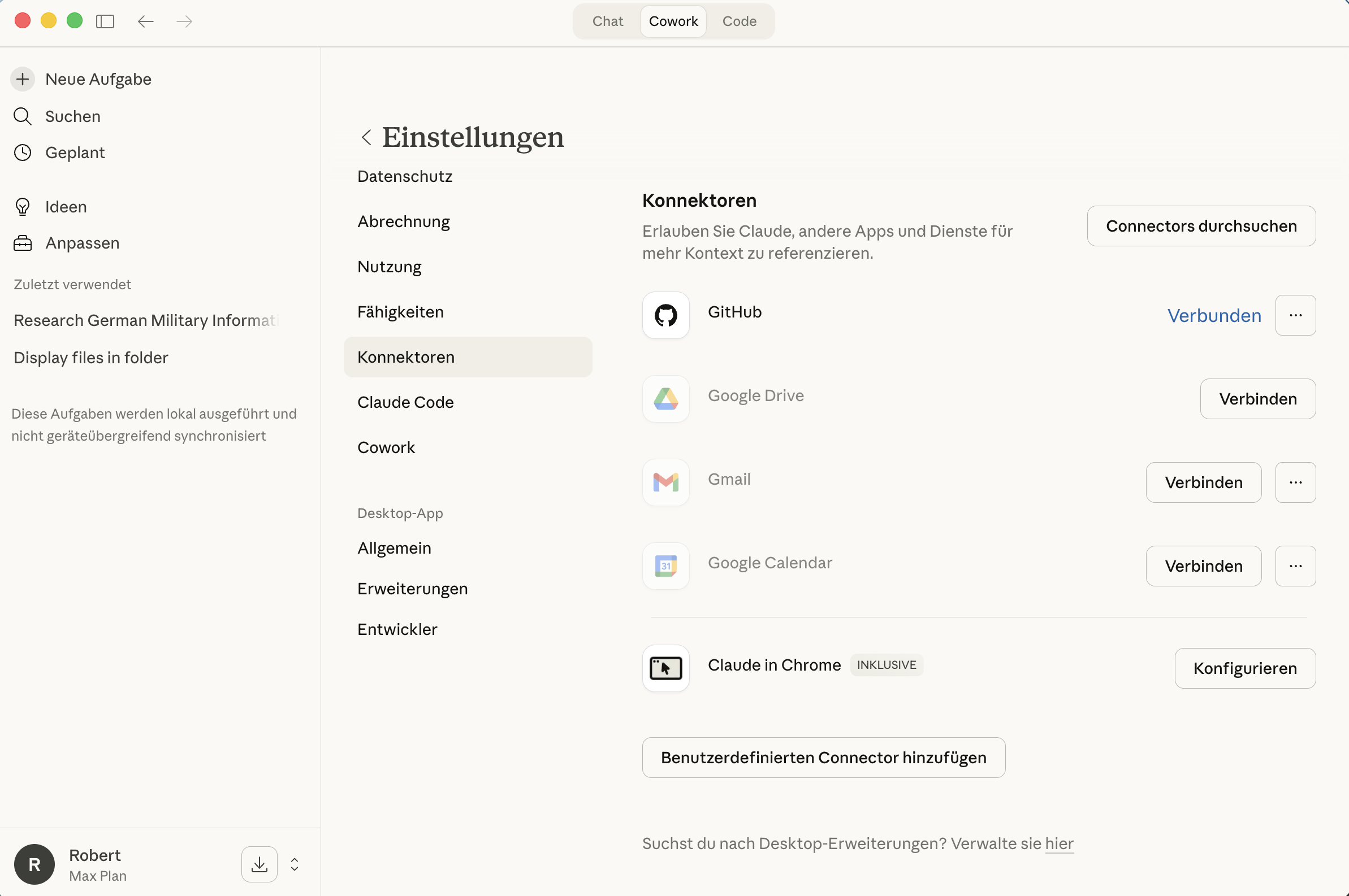 Konnektoren in den Einstellungen