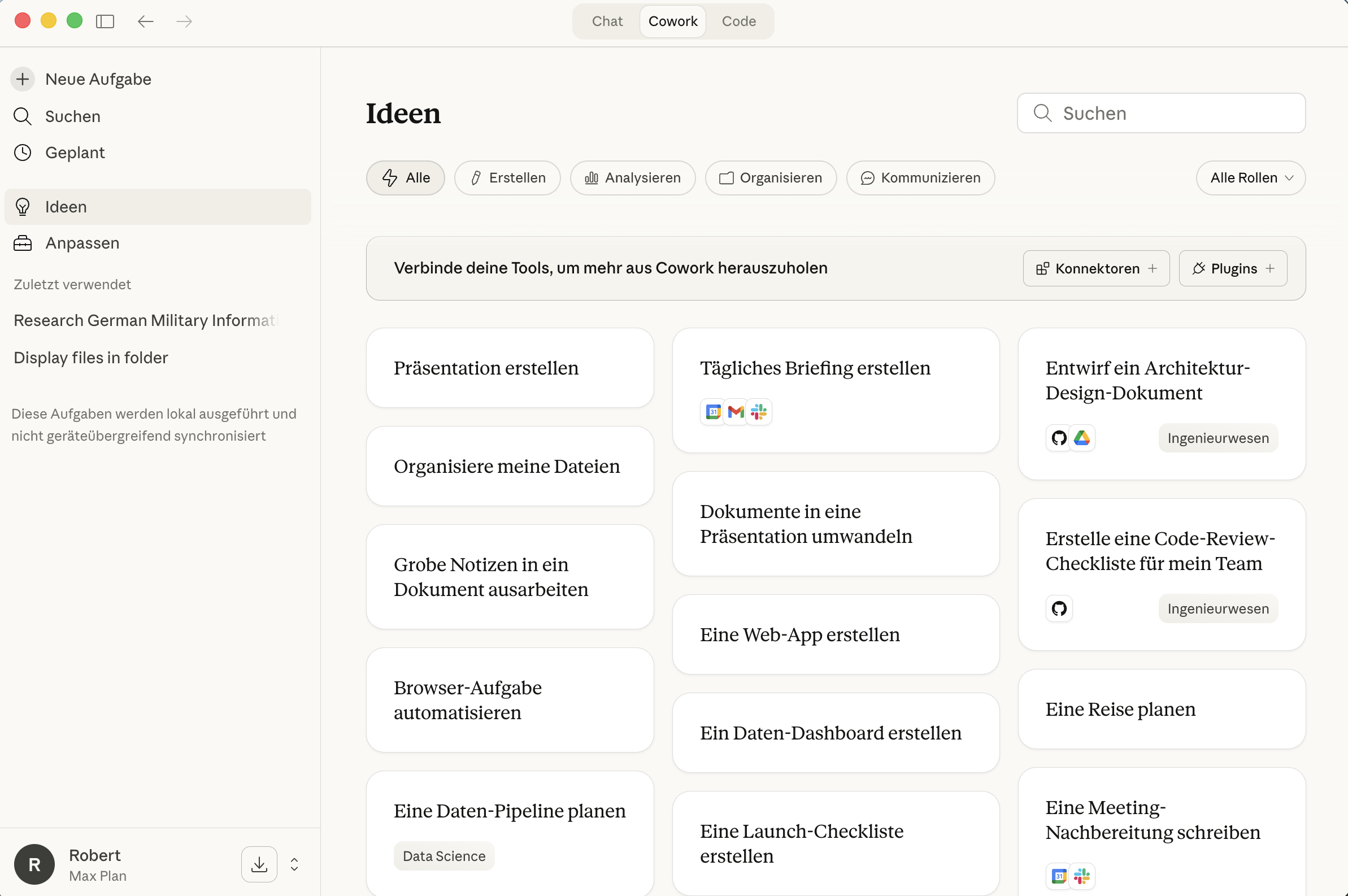 Ideen-Seite mit vordefinierten Aufgabentypen