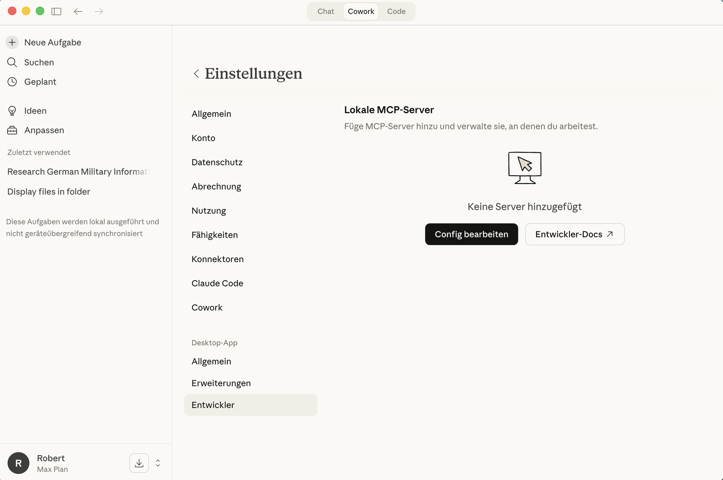 MCP-Server-Verwaltung in den Einstellungen