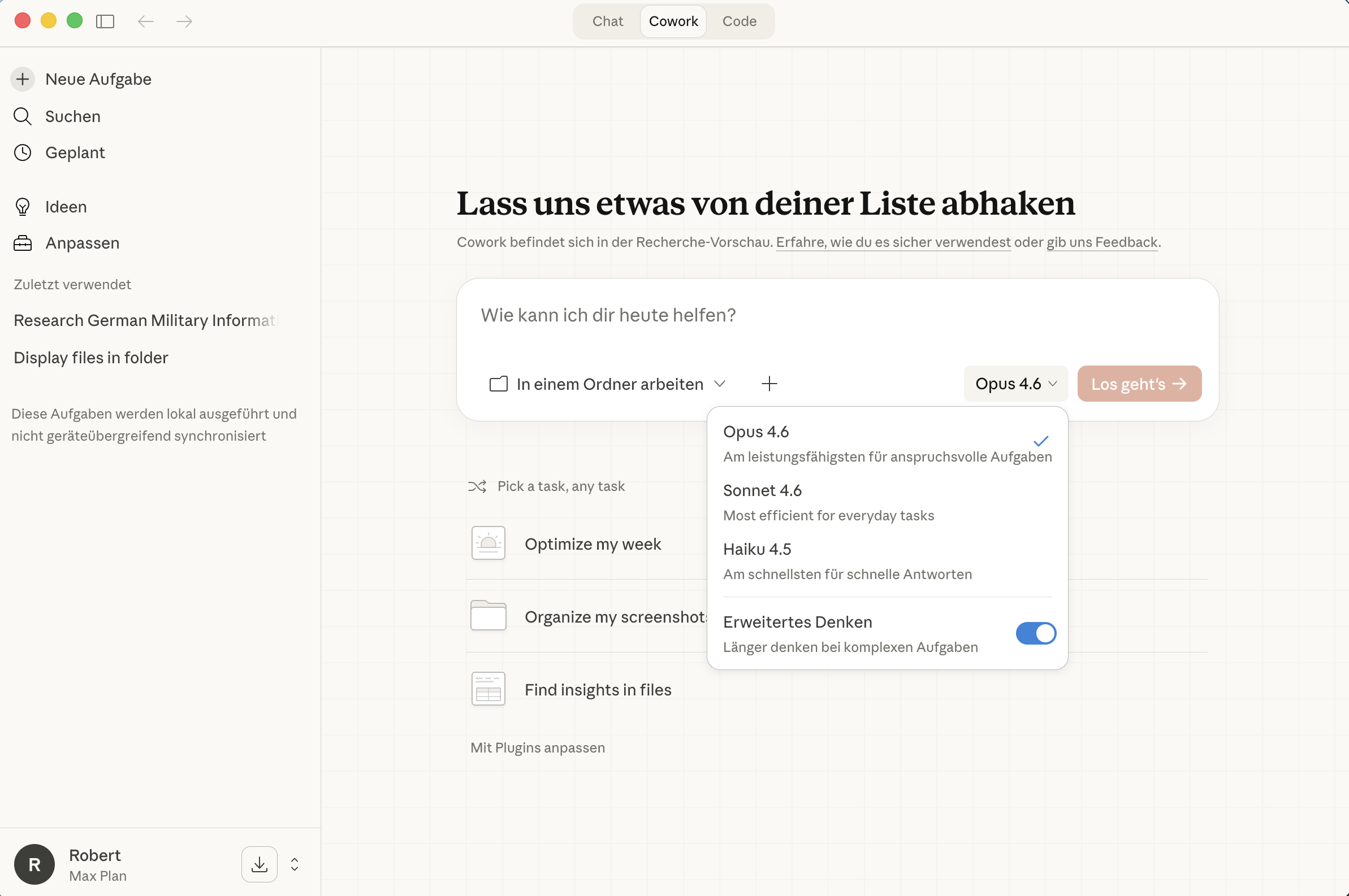 Modellauswahl mit Opus, Sonnet und Haiku inkl. erweitertem Denken