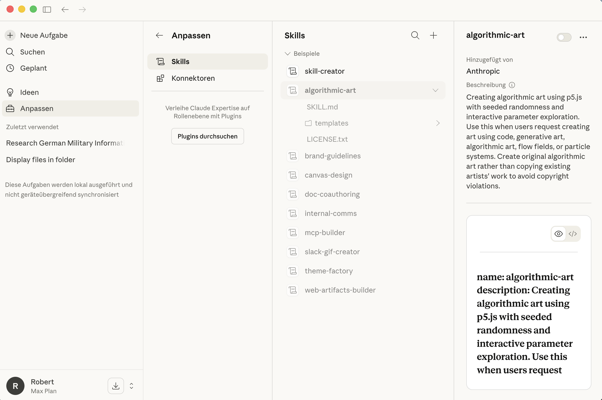 Skills-Übersicht mit Beispielen und Detailansicht