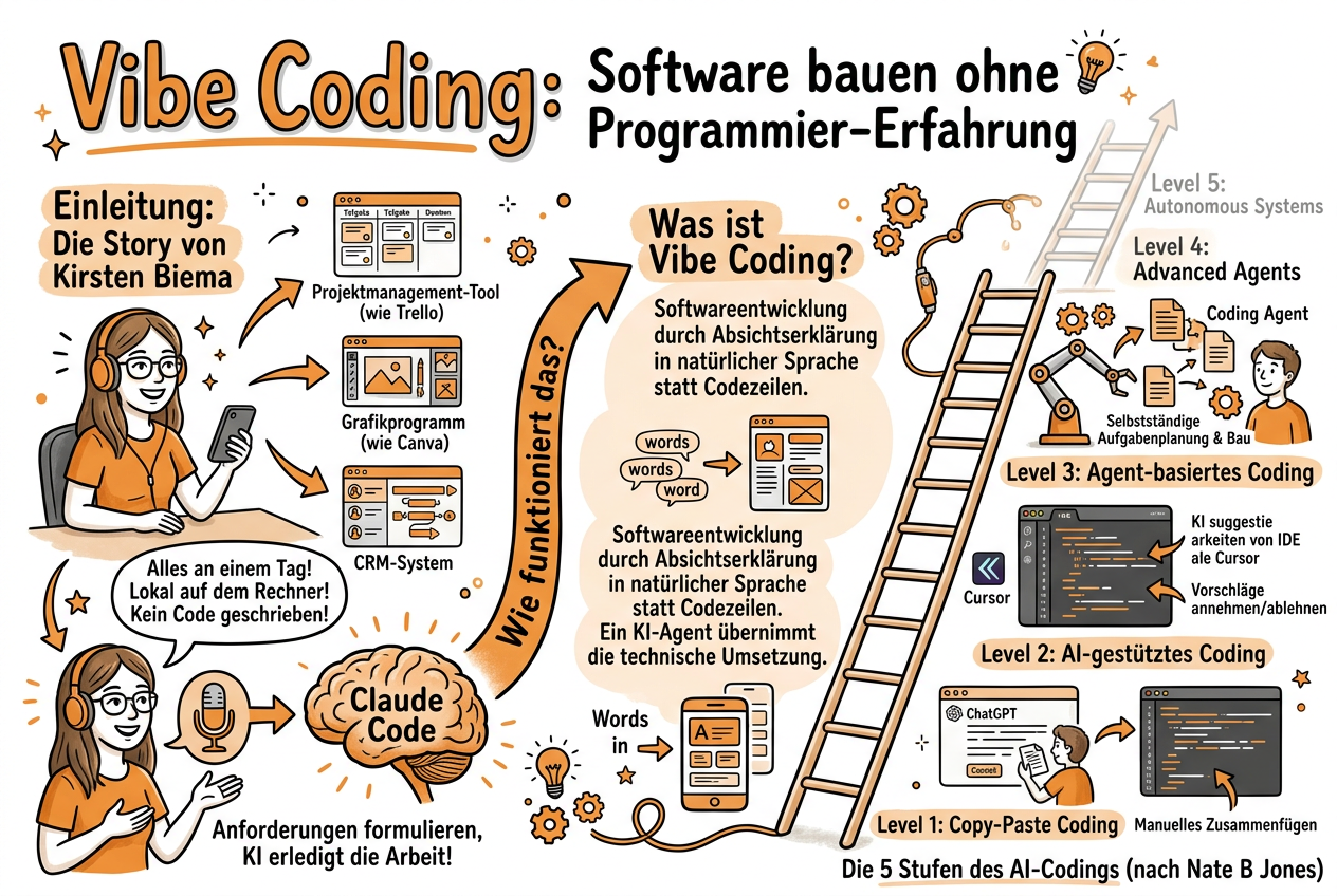 Vibe Coding: Software bauen ohne Programmier-Erfahrung - Sketchnote