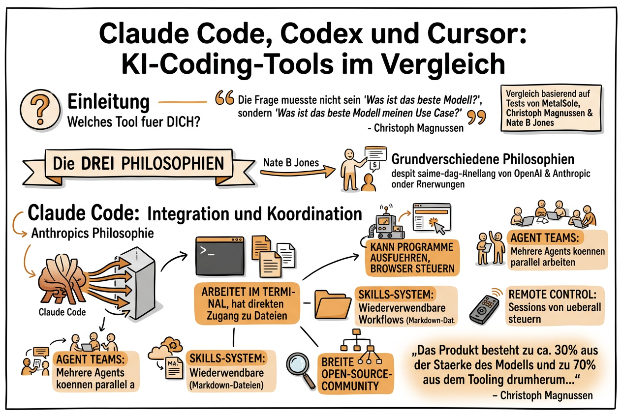 Claude Code, Codex und Cursor: KI-Coding-Tools im Vergleich - Sketchnote