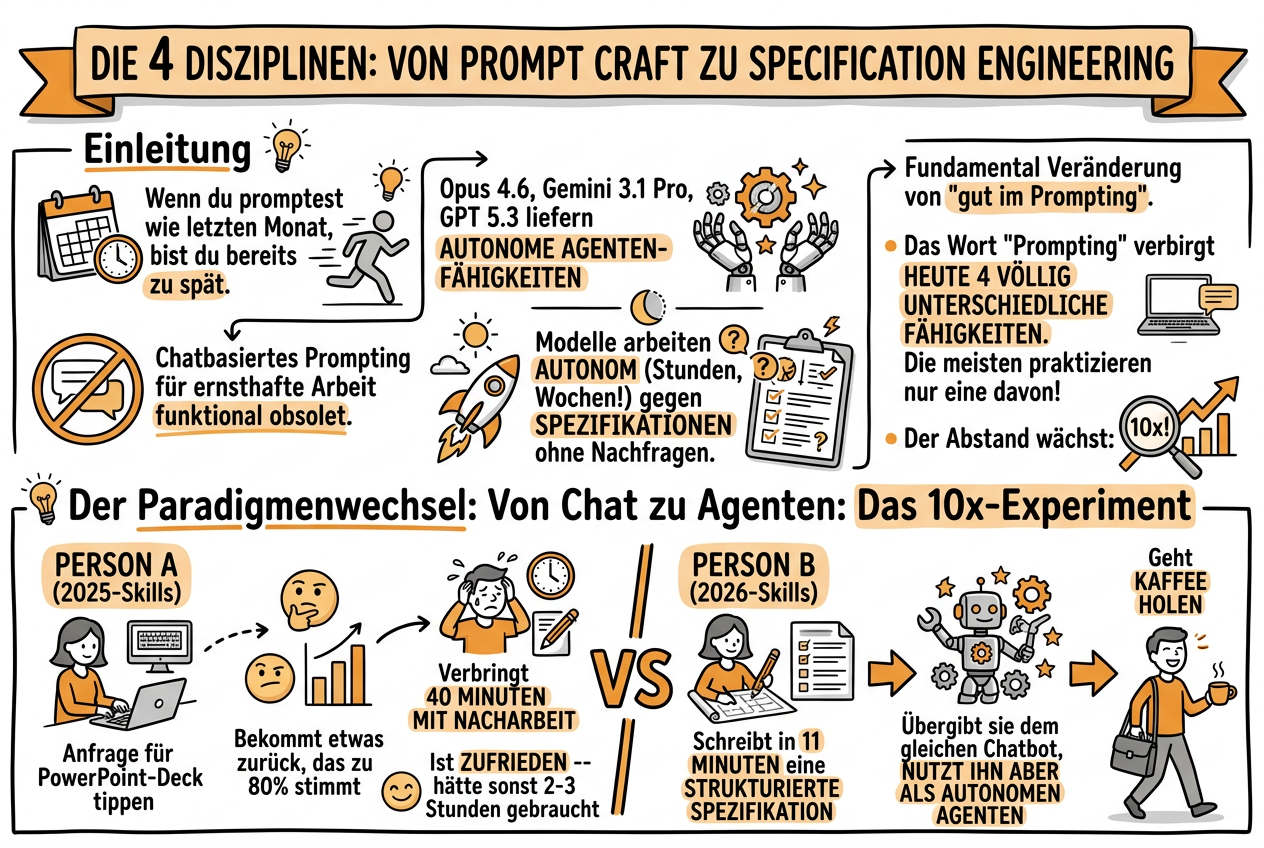 Die 4 Disziplinen: Von Prompt Craft zu Specification Engineering - Sketchnote