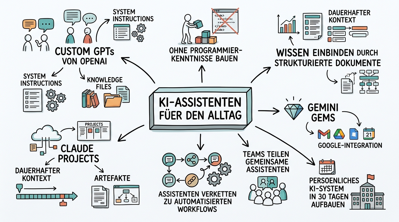 KI-Assistenten für den Alltag: Custom GPTs, Claude Projects und Gems nutzen - Sketchnote
