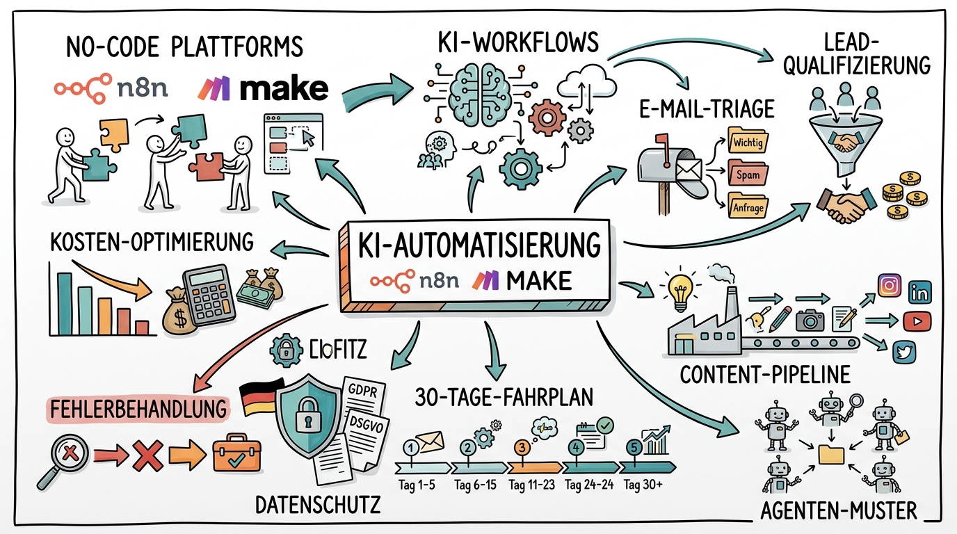 KI-Automatisierung mit n8n und Make: Geschäftsprozesse intelligent automatisieren - Sketchnote