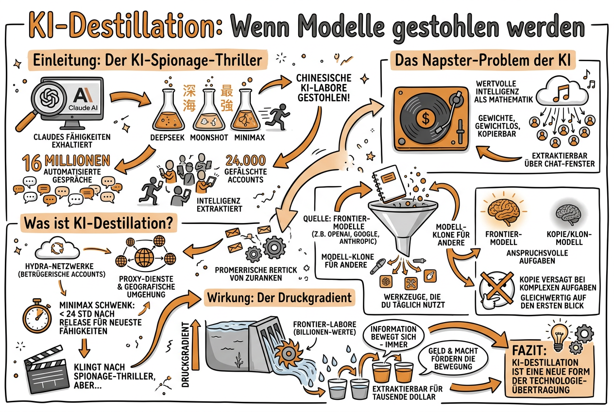 KI-Destillation: Wenn Modelle gestohlen werden - Sketchnote