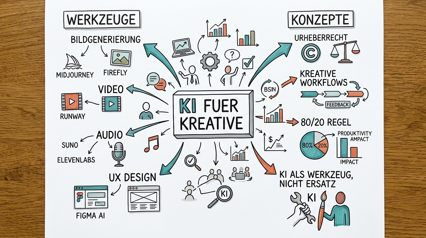 KI für Kreative: Wie künstliche Intelligenz Design, Video und Musik verändert - Sketchnote