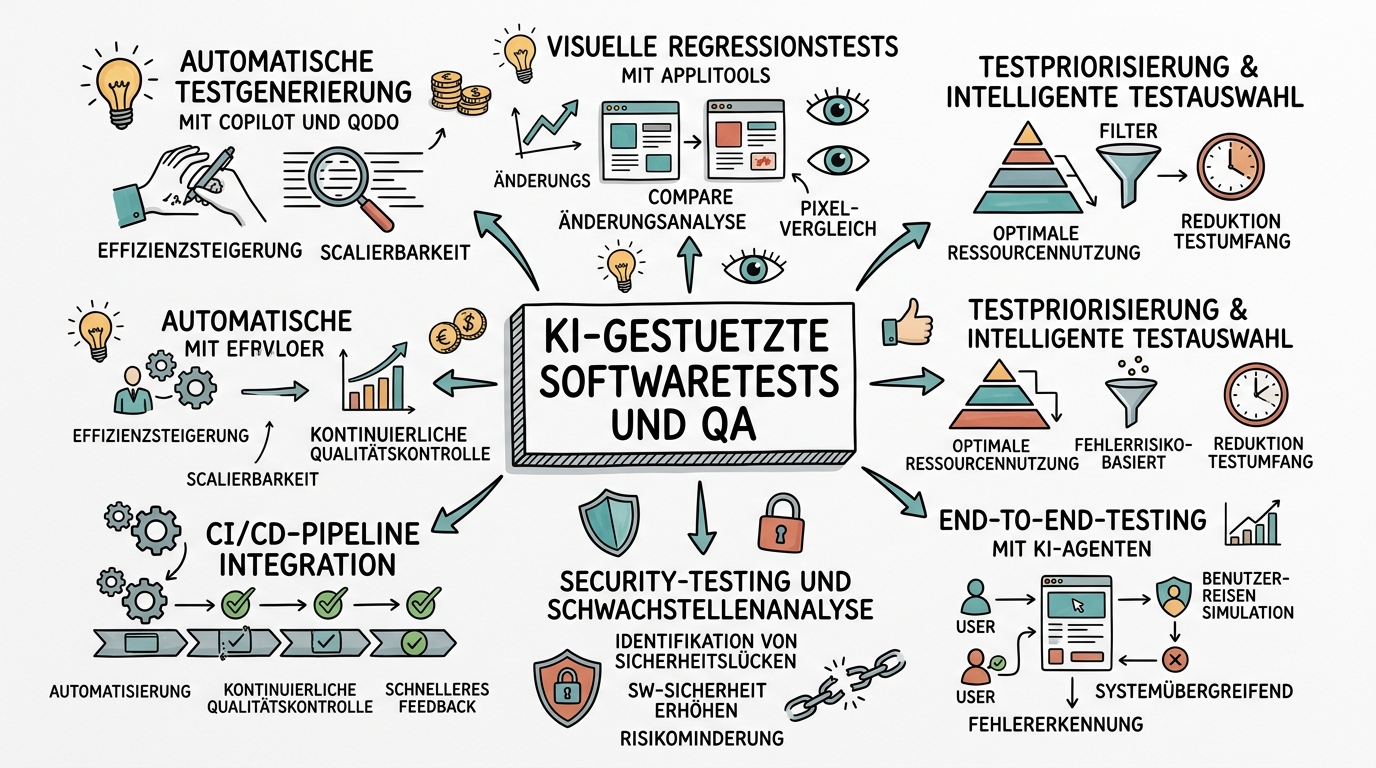 KI-gestützte Softwaretests und QA: Qualität mit künstlicher Intelligenz sichern - Sketchnote