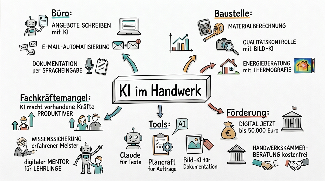 KI im Handwerk: Praktische Anwendungen für Betriebe - Sketchnote