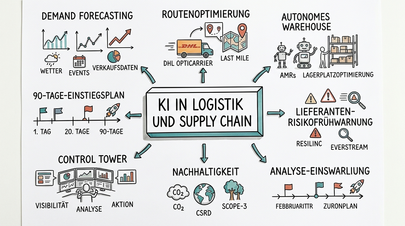 KI in Logistik und Supply Chain: Lieferketten intelligent steuern - Sketchnote