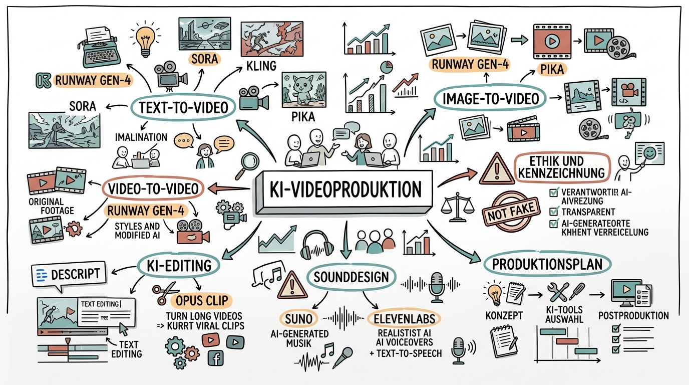 KI-Videoproduktion: Filme, Clips und Animationen mit künstlicher Intelligenz erstellen - Sketchnote