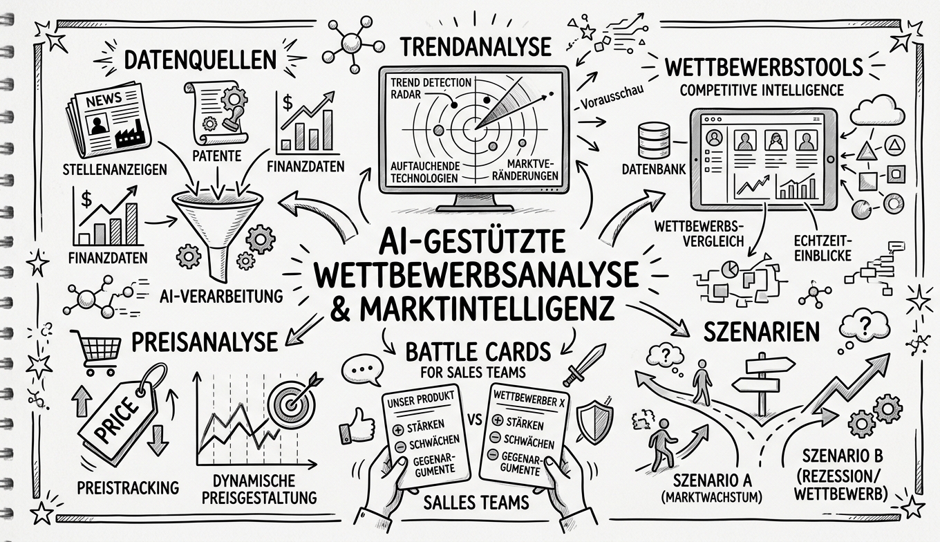 KI-gestützte Wettbewerbsanalyse und Market Intelligence - Sketchnote