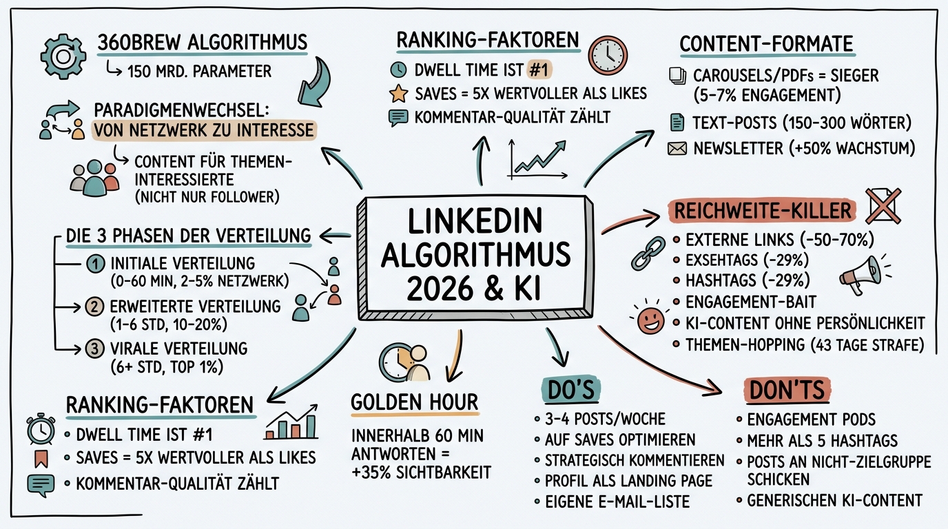 LinkedIn Algorithmus 2026: KI verstehen, Reichweite gewinnen - Sketchnote