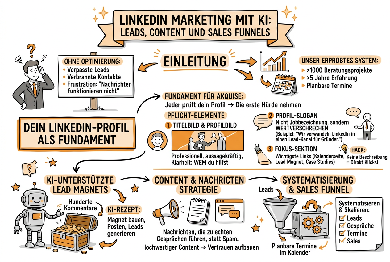 LinkedIn Marketing mit KI: Leads, Content und Sales Funnels - Sketchnote