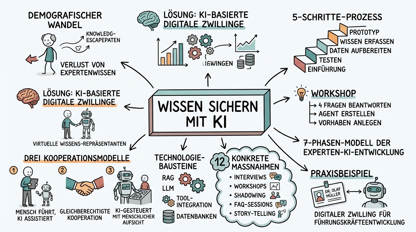 Wissen sichern: KI-gestützter Wissenstransfer im Unternehmen - Sketchnote